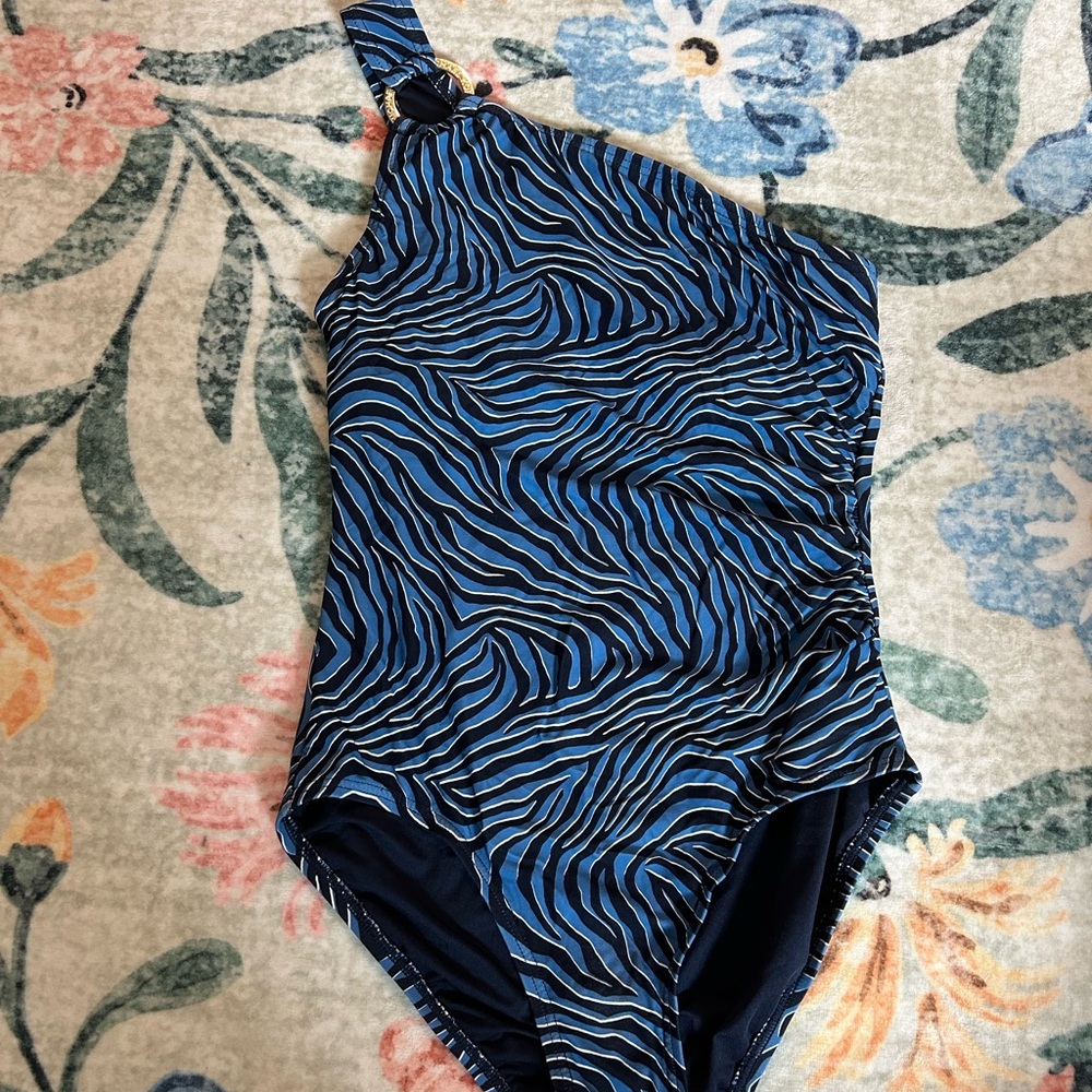 Michael Kors One-Shoulder Zebra Print Swimsuit - Blue and Black